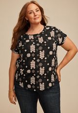 Plus Size Delton Geo Print Zipper Back Blouse, BLACK COMBO, small