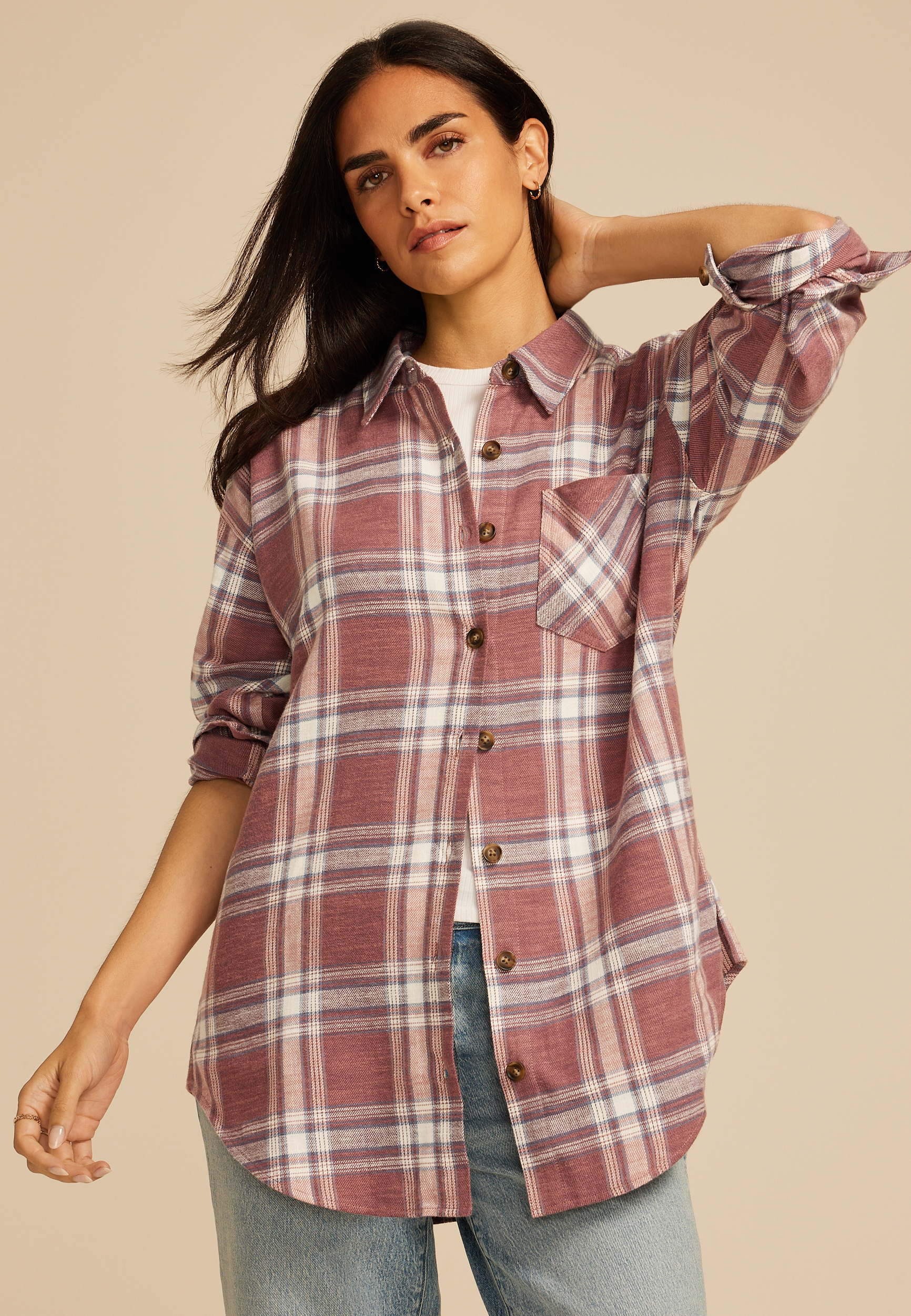Plaid Boyfriend Tunic Button Down Shirt