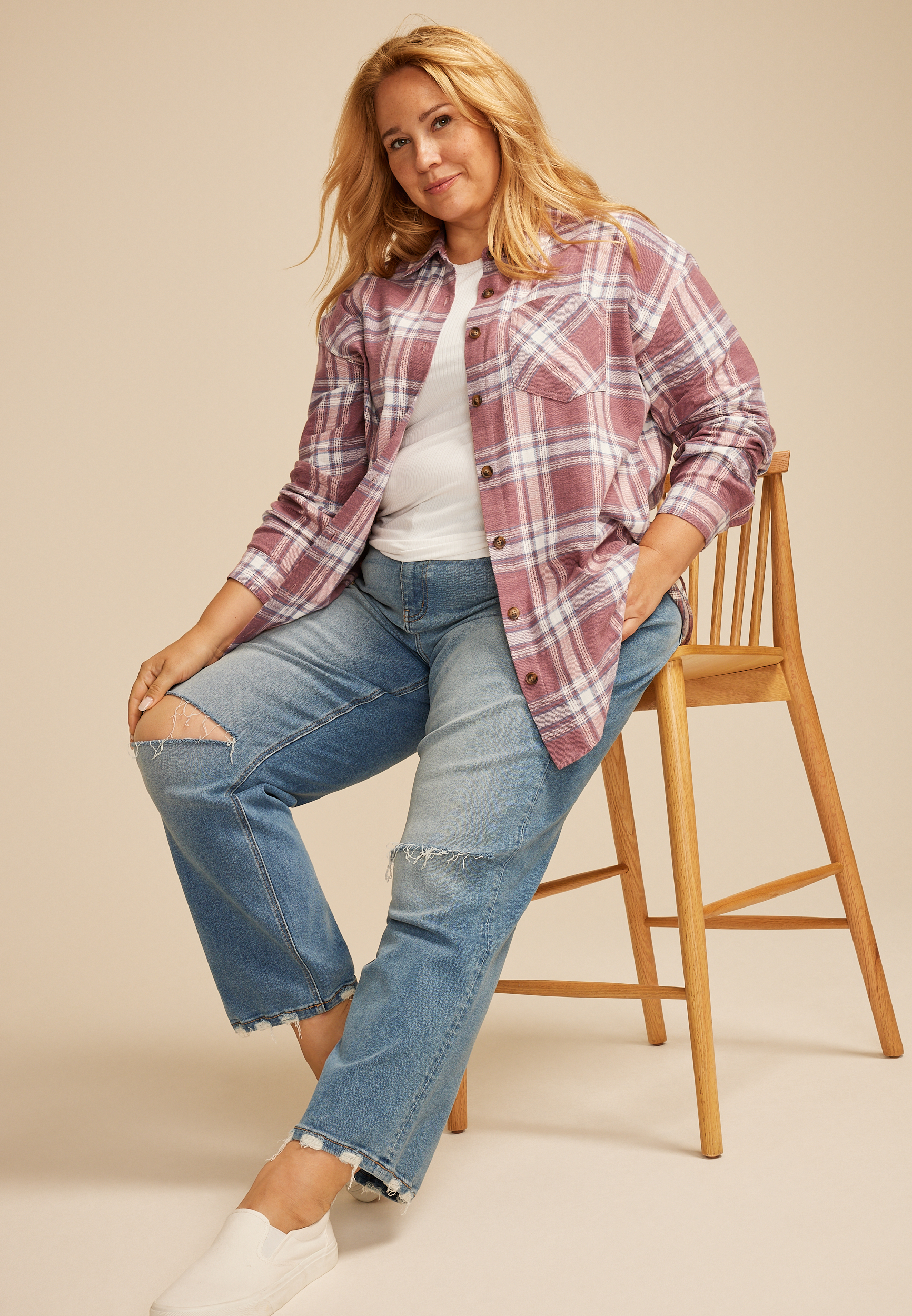 Plus Size Cabin Plaid Boyfriend Tunic Button Down Shirt