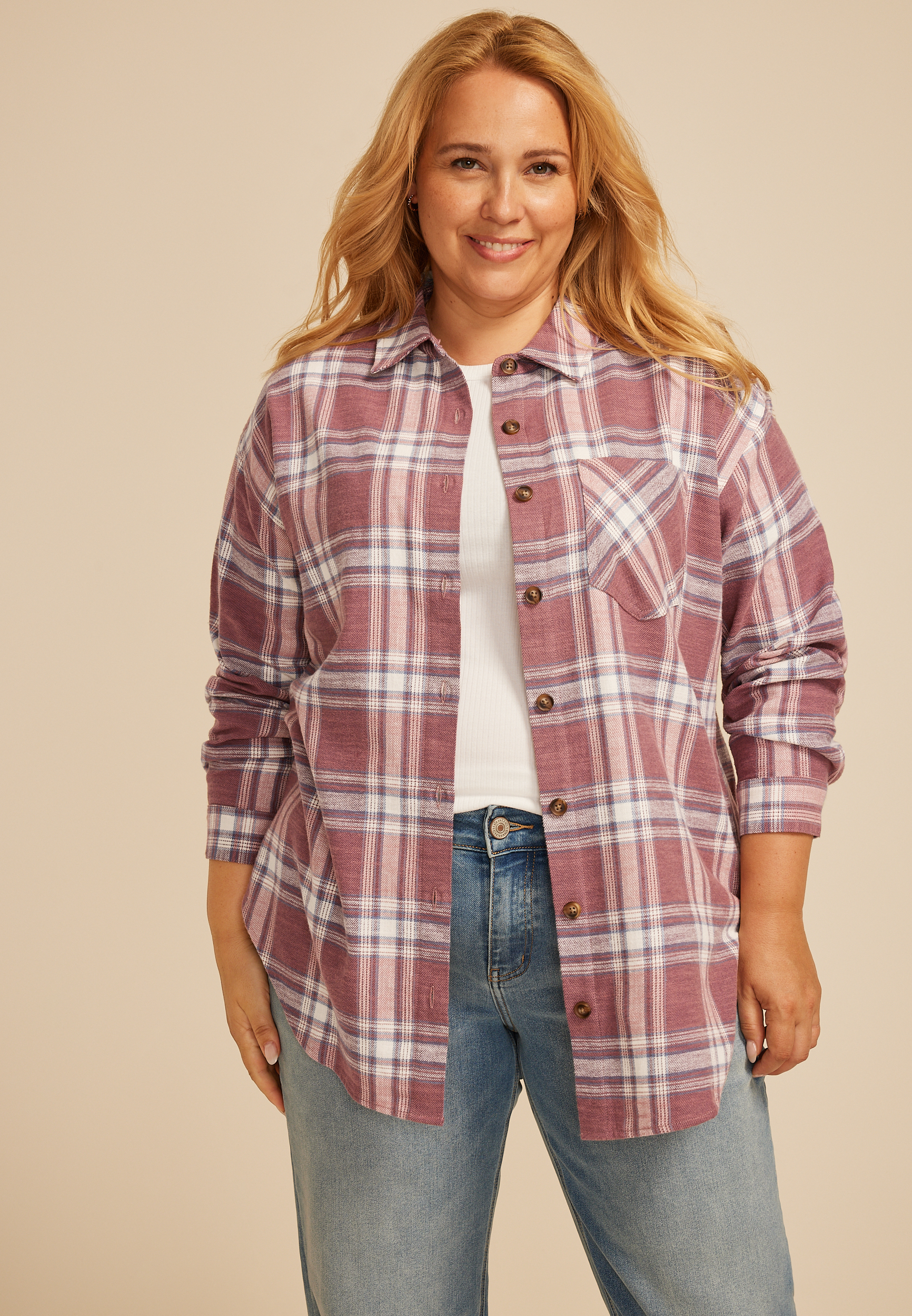 Plus Size Cabin Plaid Boyfriend Tunic Button Down Shirt
