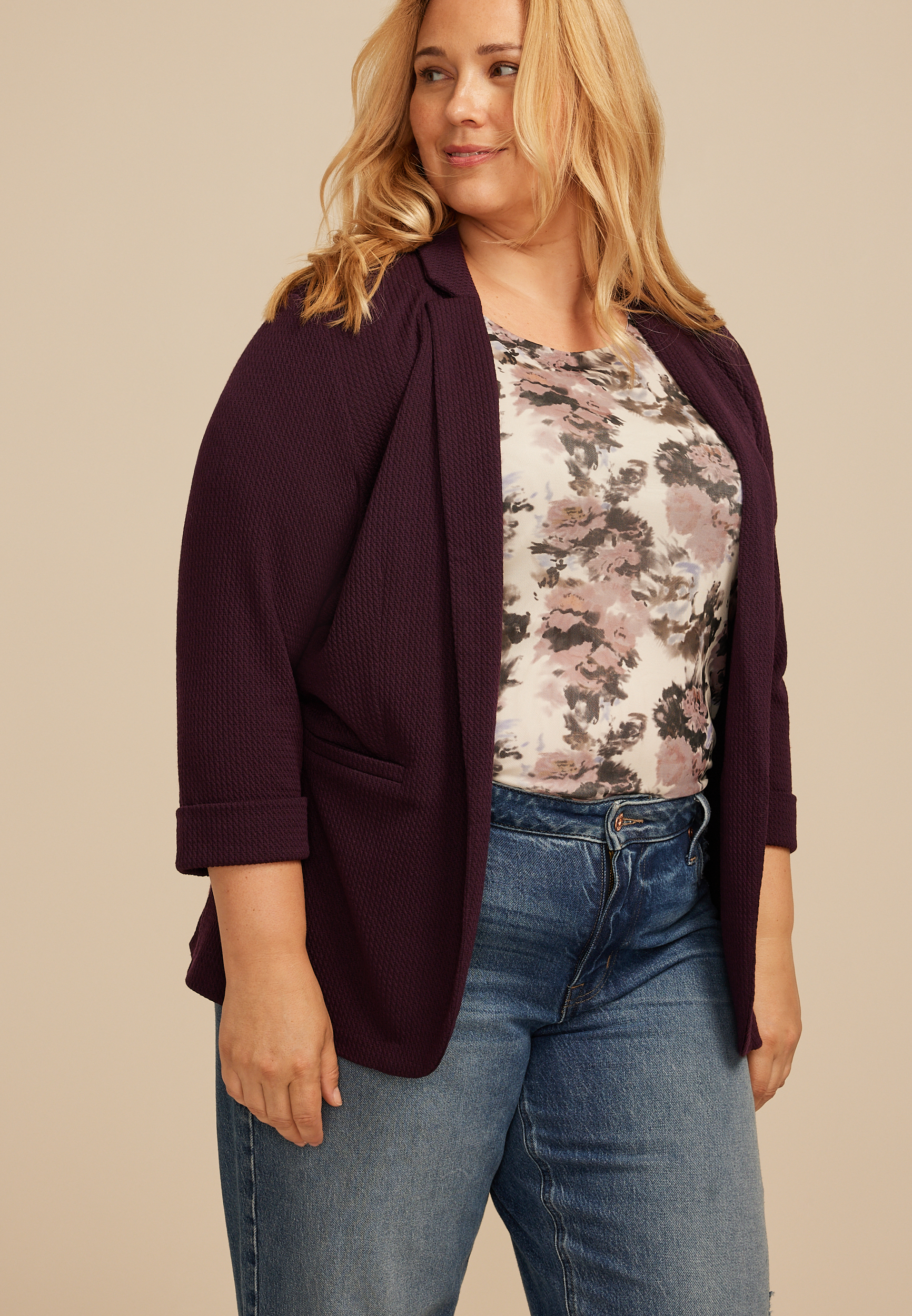 Plus Size Textured Versa Open Front Blazer