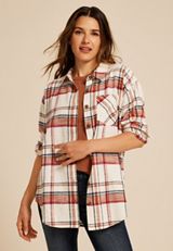 Cabin Plaid Boyfriend Tunic Button Down Shirt, MULTI, small