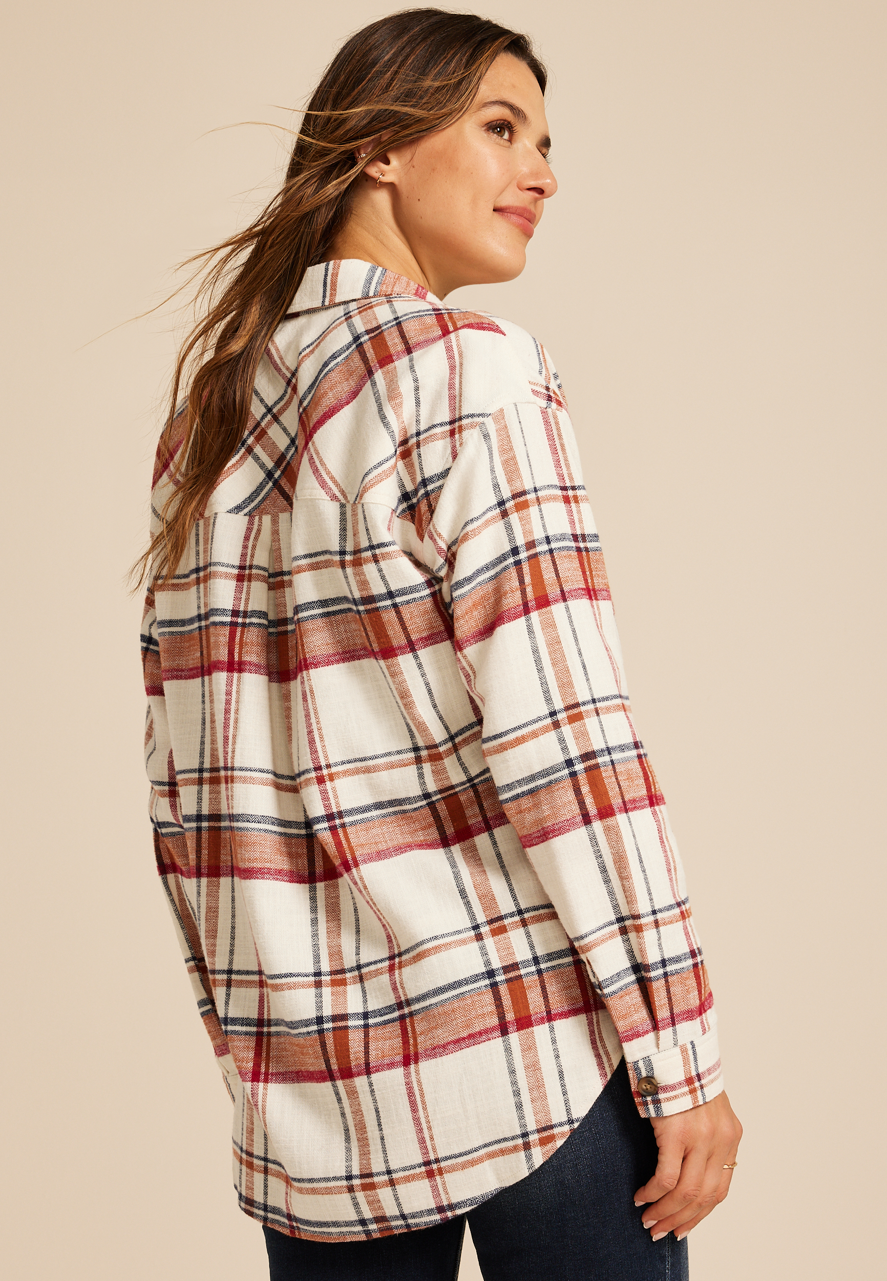 Cabin Plaid Boyfriend Tunic Button Down Shirt, MULTI, large