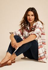 Cabin Plaid Boyfriend Tunic Button Down Shirt, MULTI, small