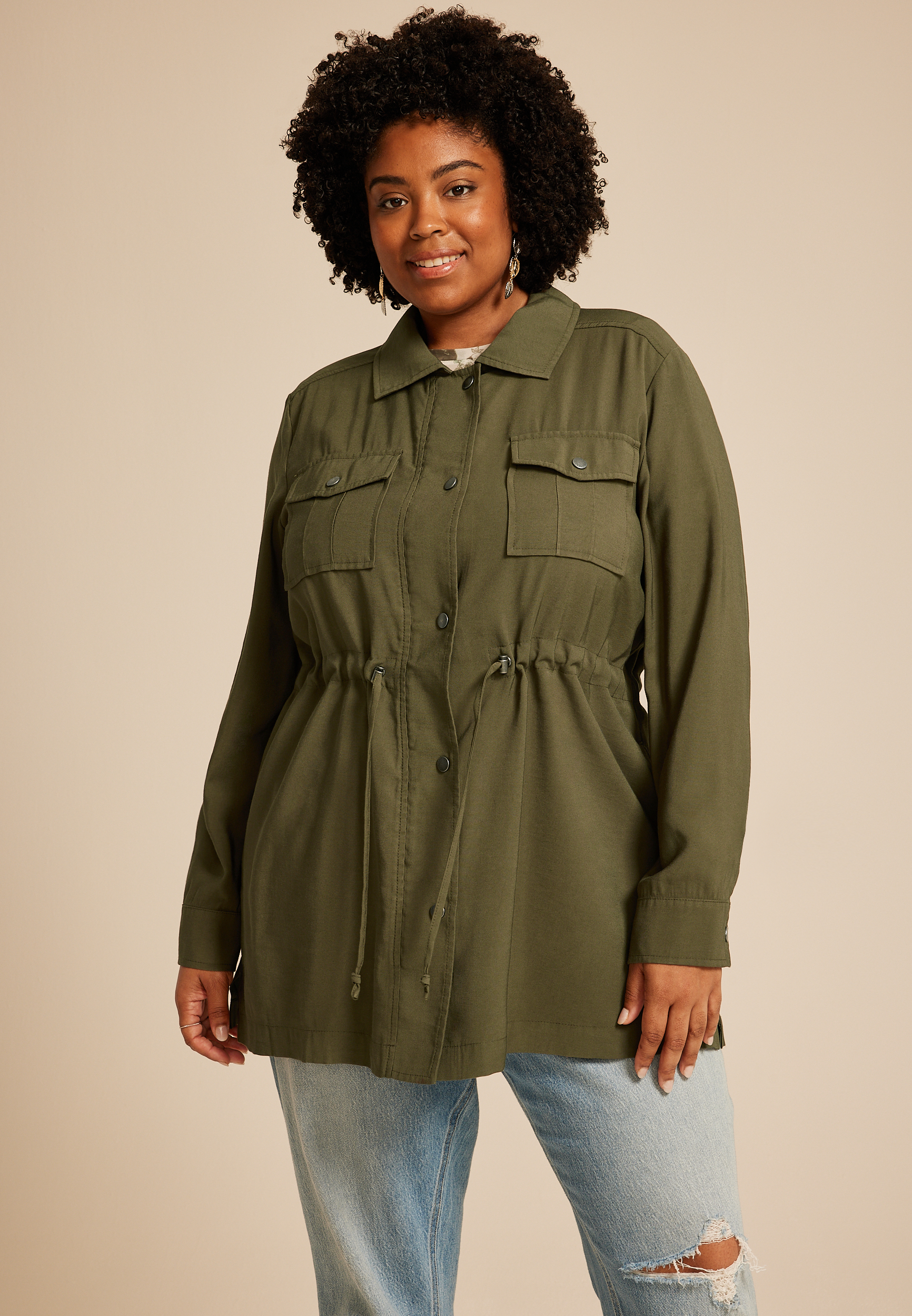 Plus Size Olive Twill Cinched Waist Jacket