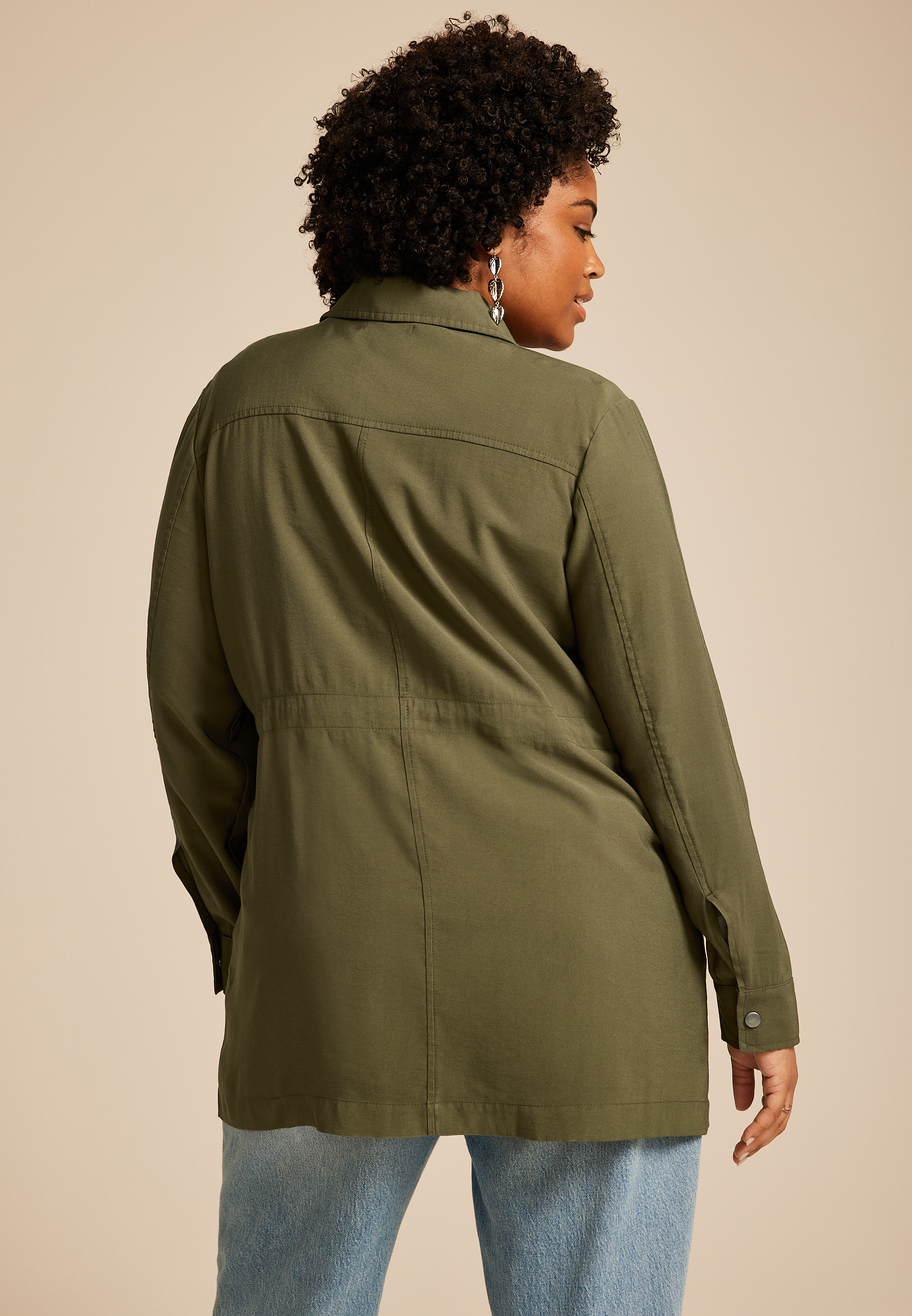 Plus Size Olive Twill Cinched Waist Jacket, DARK OLIVE, large