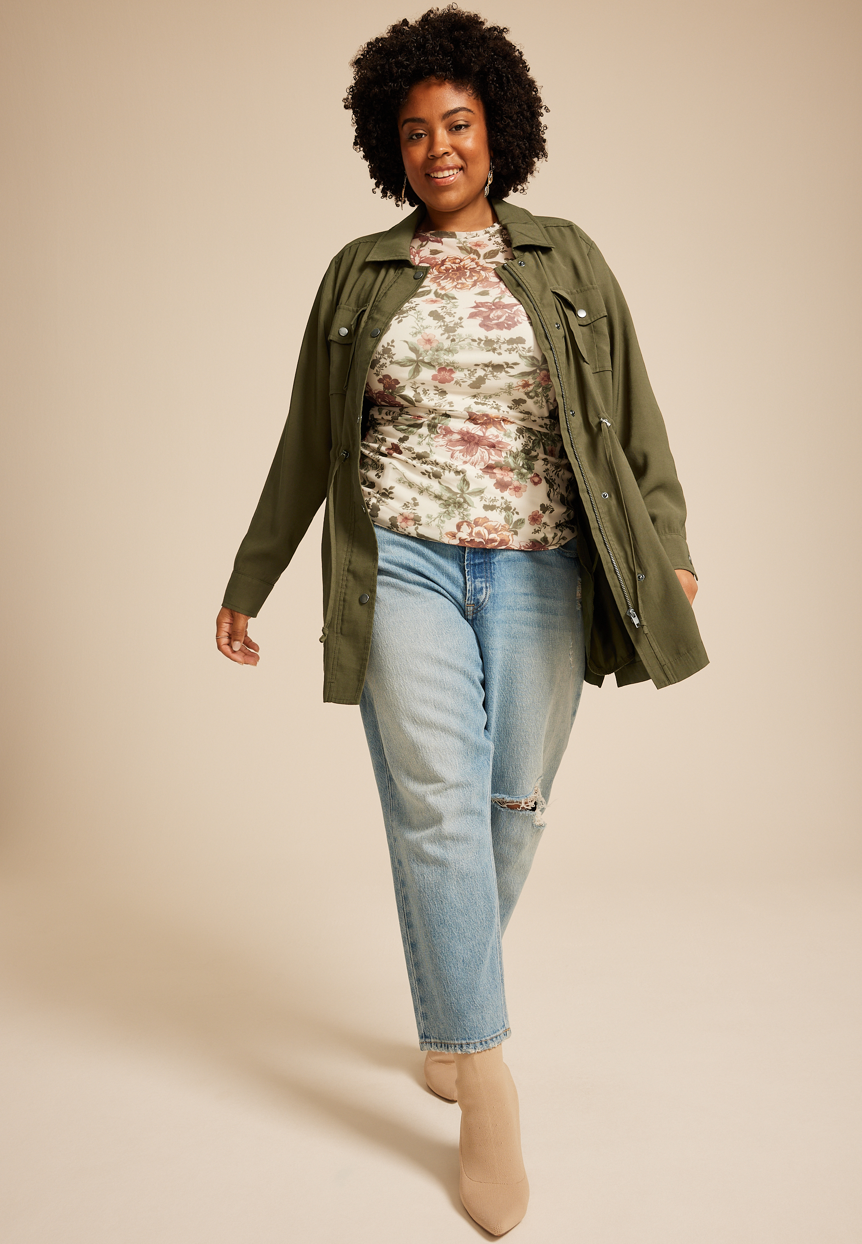 Plus Size Olive Twill Cinched Waist Jacket