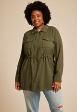 Plus Size Olive Twill Cinched Waist Jacket, DARK OLIVE, small