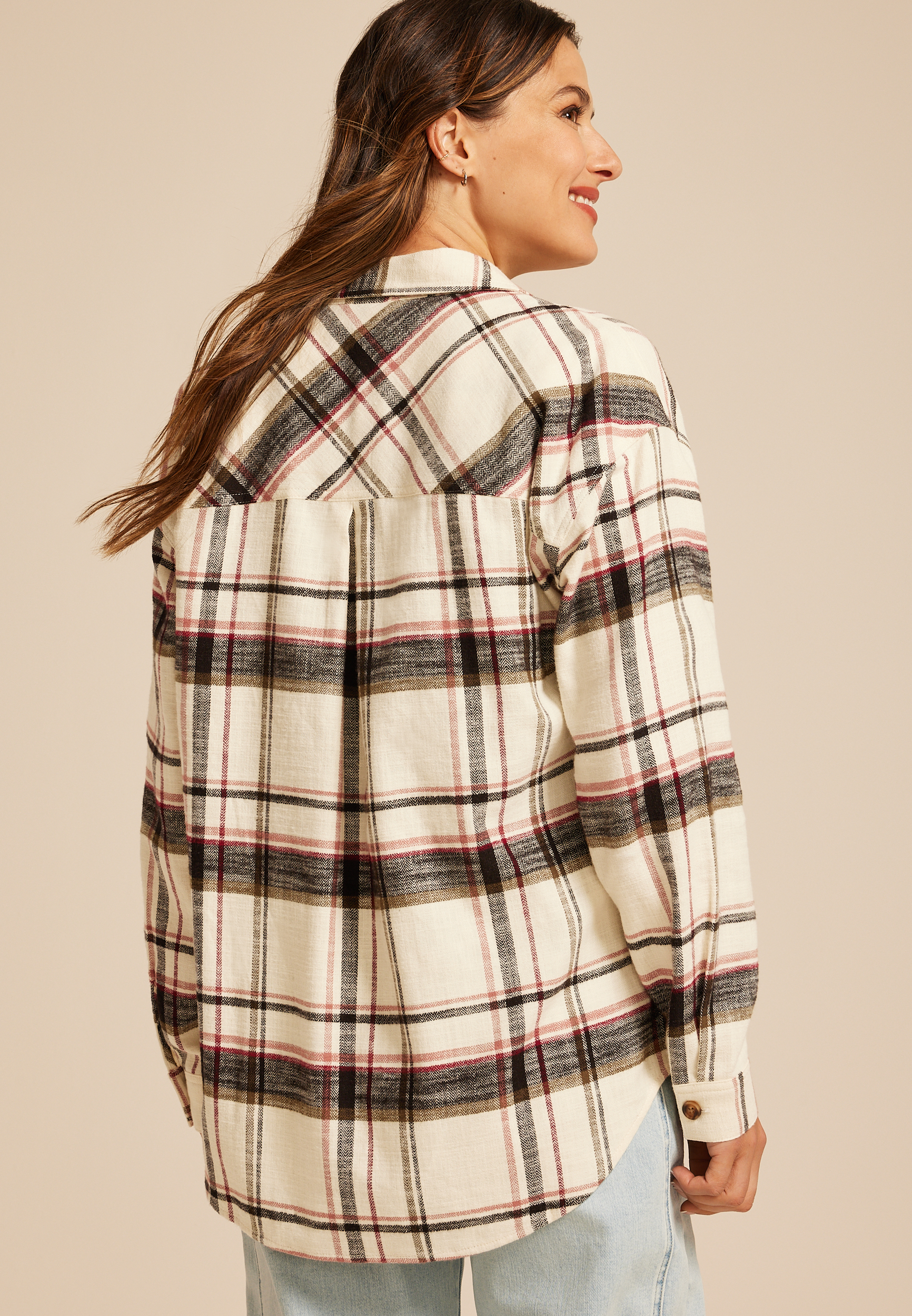 Cabin Plaid Boyfriend Tunic Button Down Shirt, C4563, large