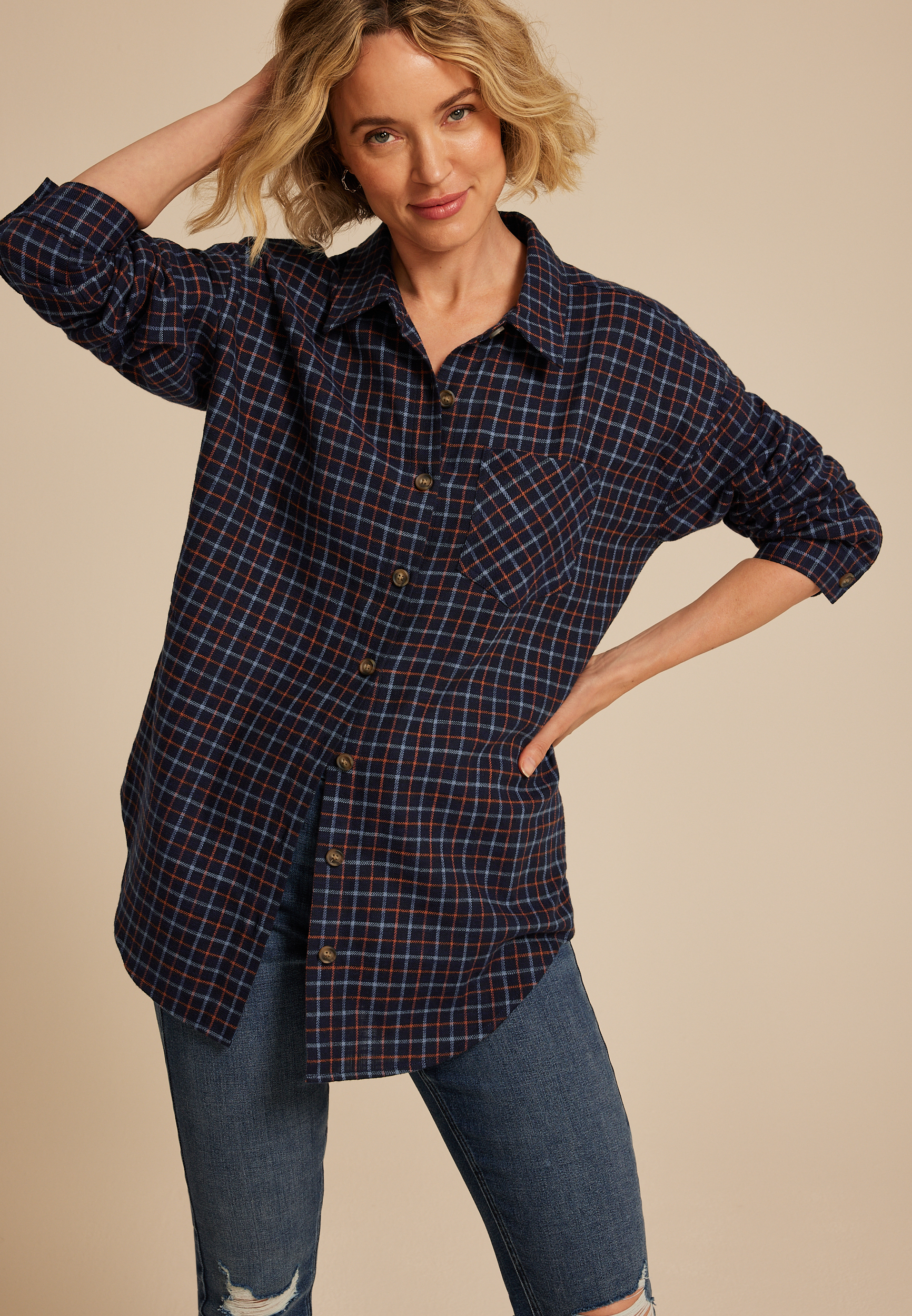 Cabin Plaid Boyfriend Tunic Button Down Shirt