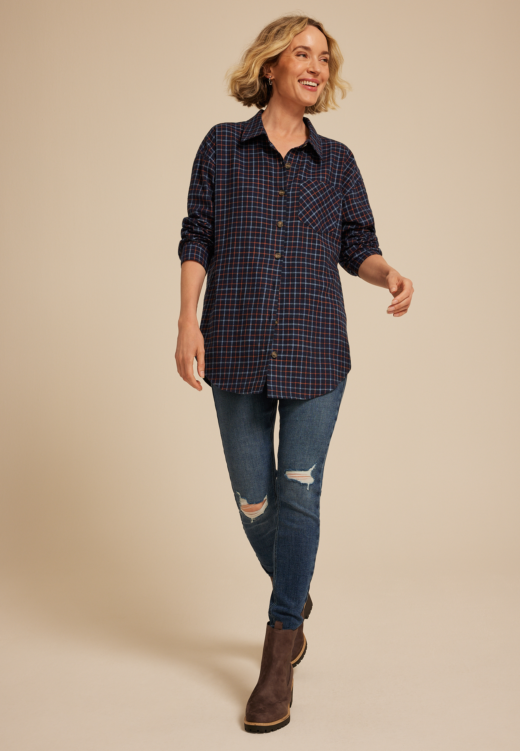 Cabin Plaid Boyfriend Tunic Button Down Shirt