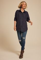 Cabin Plaid Boyfriend Tunic Button Down Shirt, C1769, small