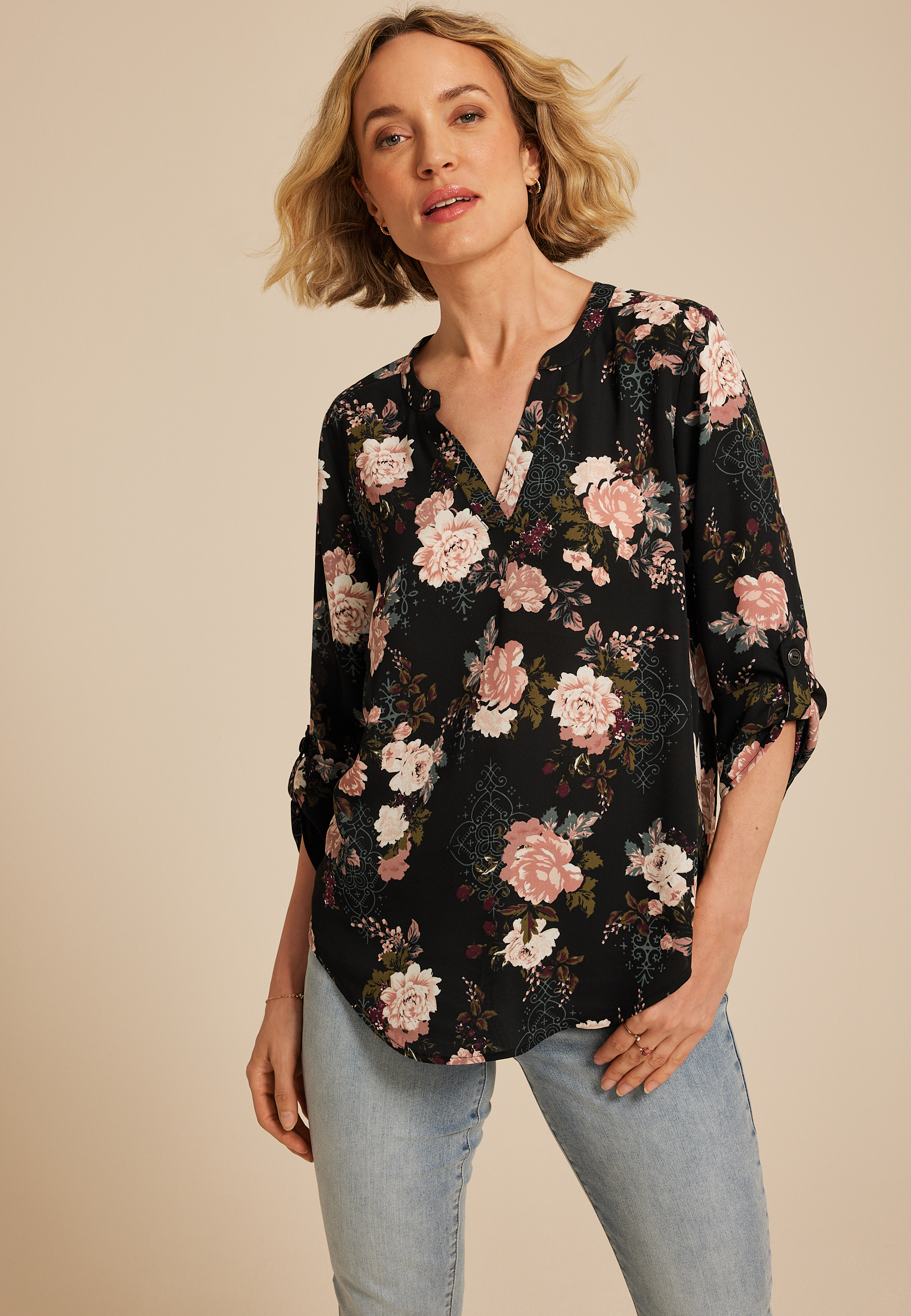Atwood 3/4 Sleeve Floral V Neck Blouse, C1524, large