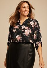 Plus Size Atwood 3/4 Sleeve Floral V Neck Blouse, MULTI, small
