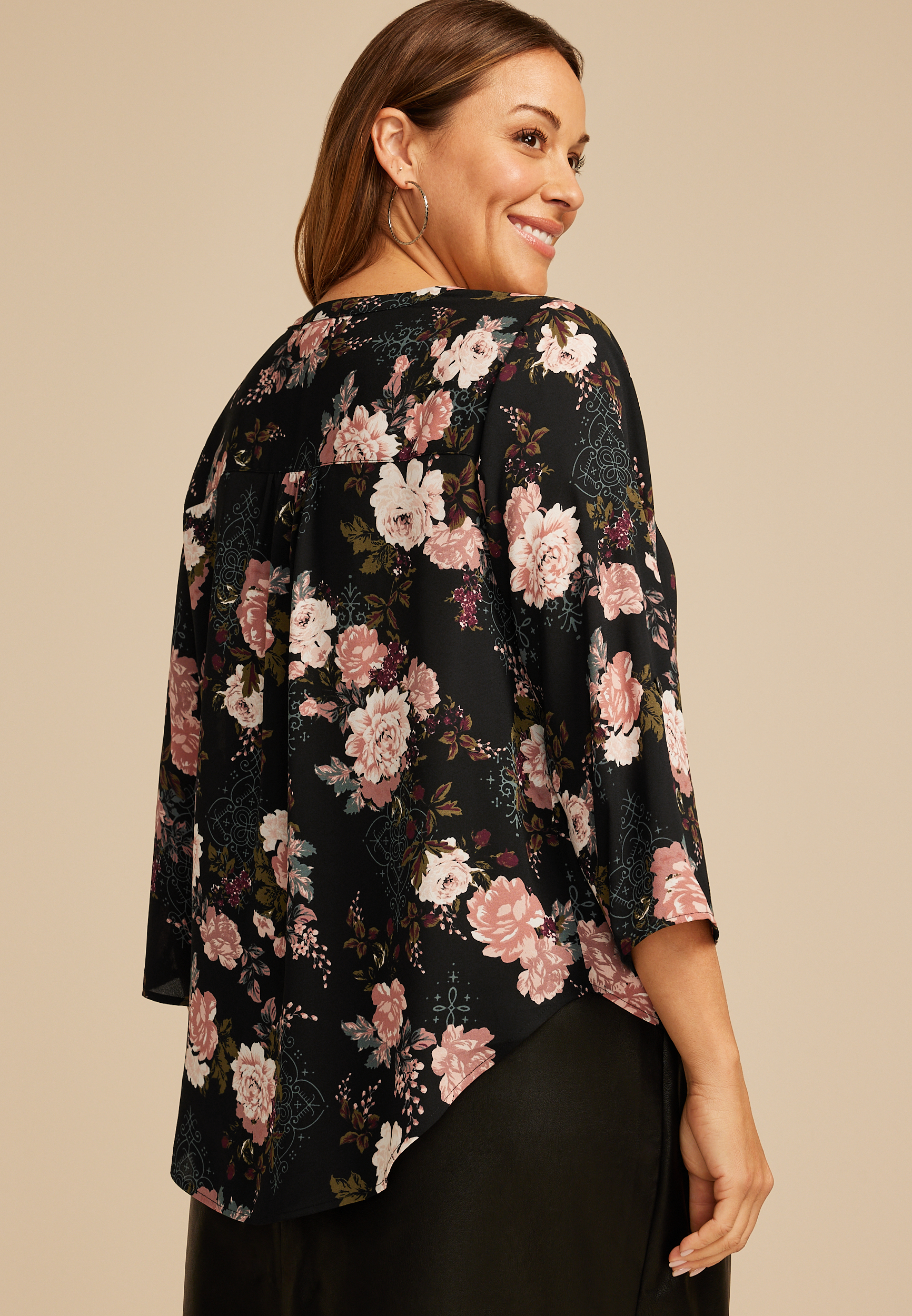 Plus Size Atwood 3/4 Sleeve Floral V Neck Blouse, MULTI, large