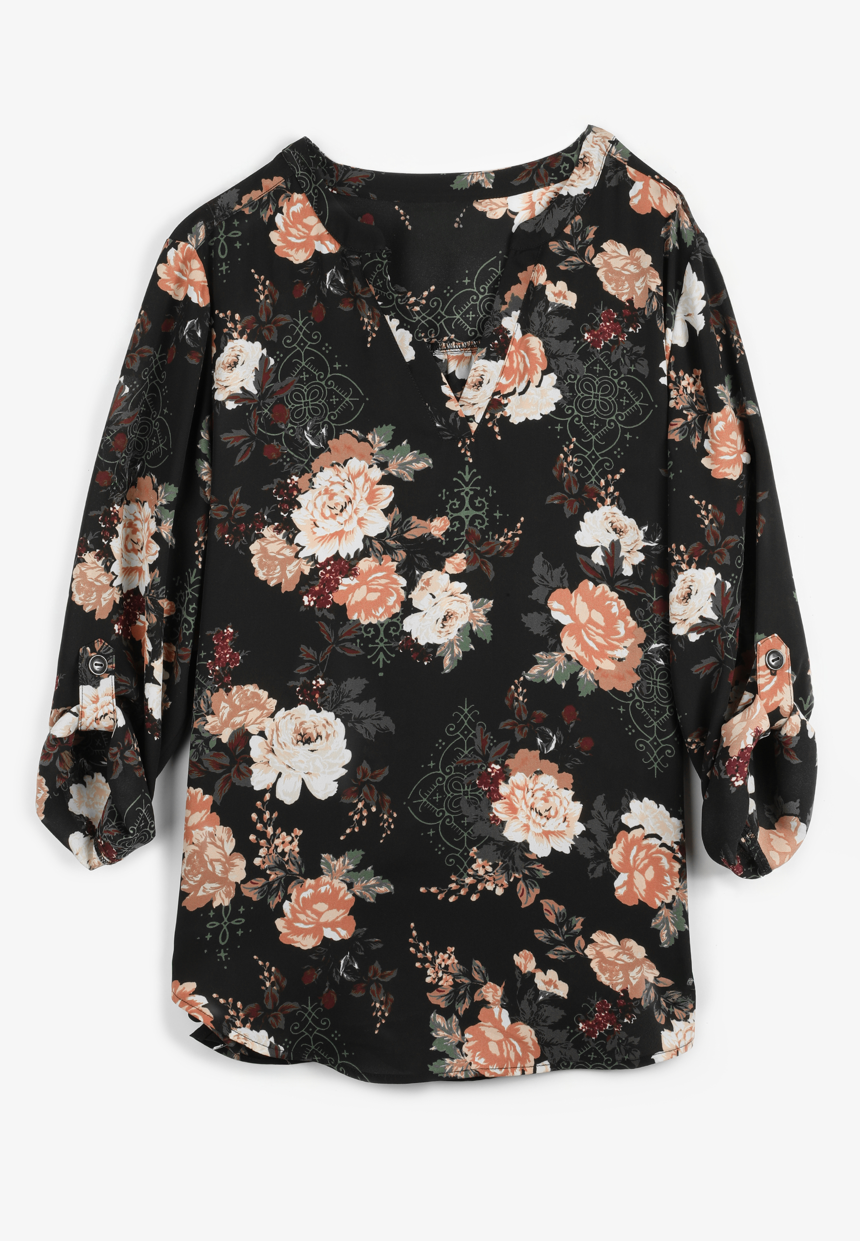 Plus Size Atwood 3/4 Sleeve Floral V Neck Blouse, MULTI, large