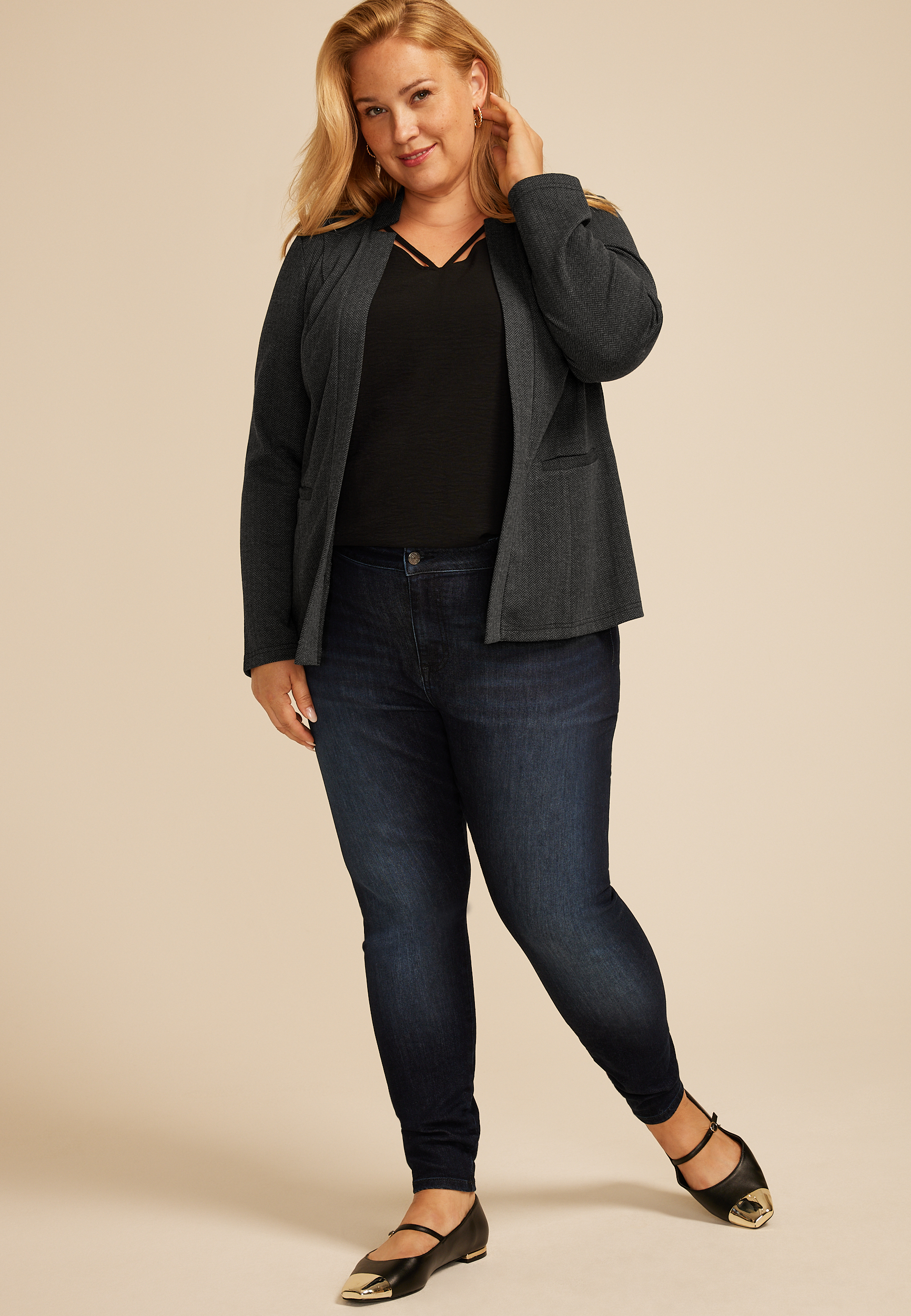 Plus Size Herringbone Ponte Knit Blazer, C1755, large