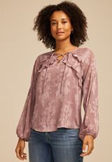 Jacquard Floral Lace Up Peasant Blouse, TWILIGHT MAUVE, small
