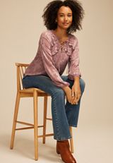 Jacquard Floral Lace Up Peasant Blouse, TWILIGHT MAUVE, small