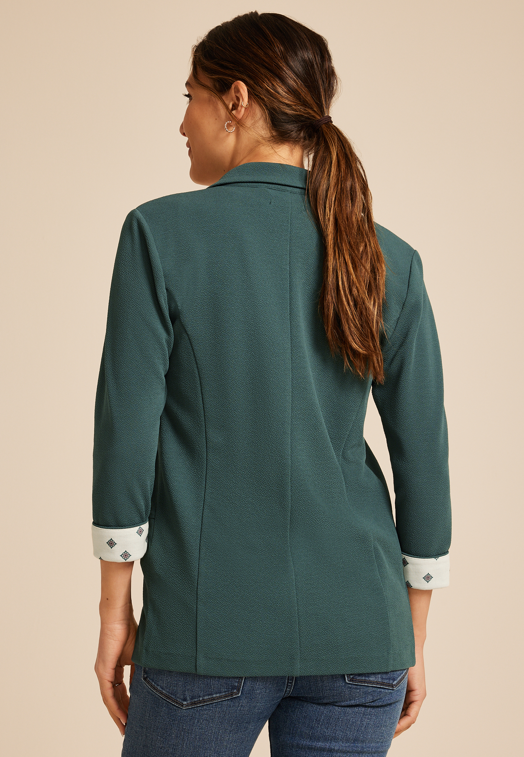 Versa Printed Cuffed 3/4 Sleeve Blazer, C974, large