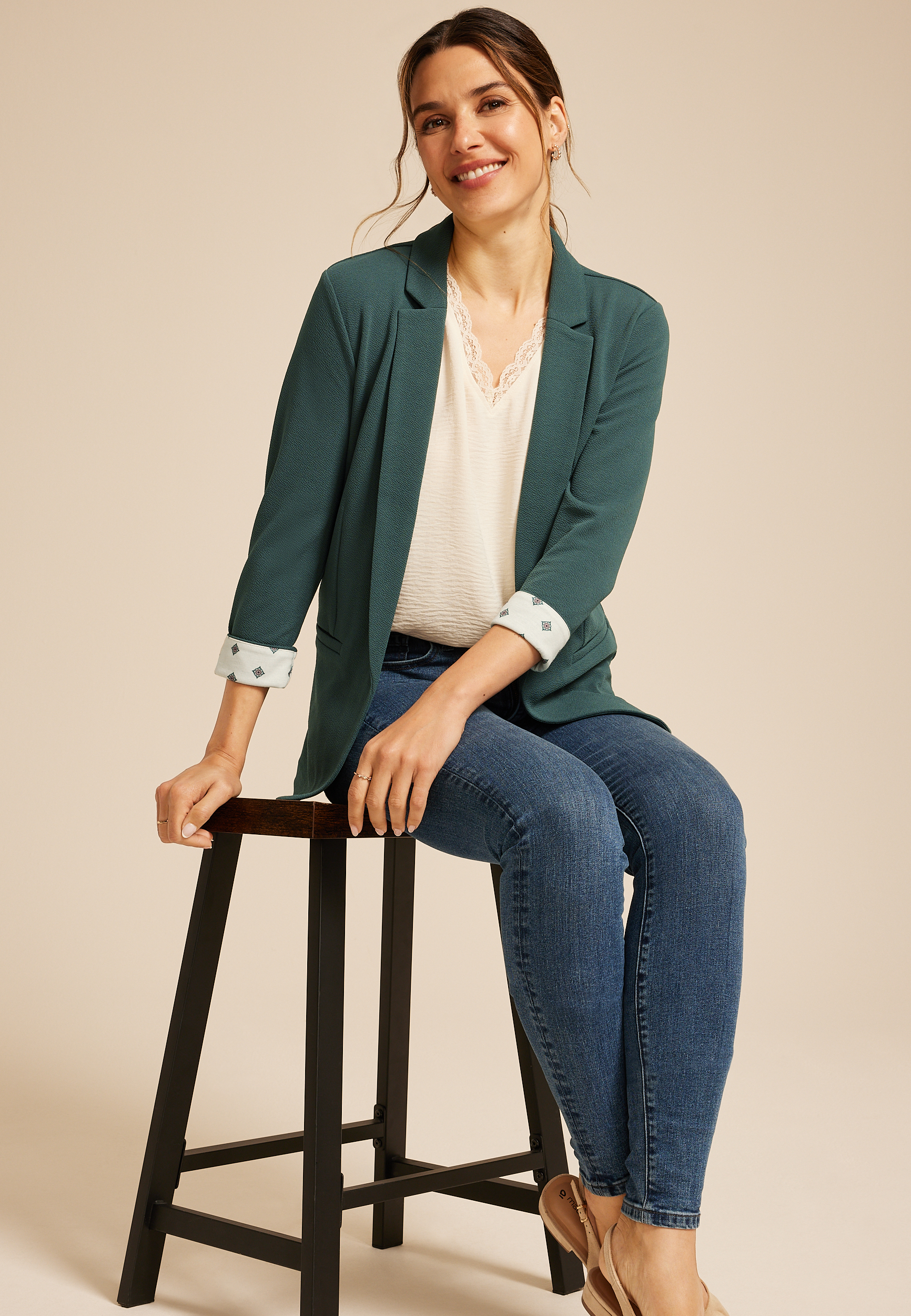 Versa Printed Cuffed 3/4 Sleeve Blazer, C974, large