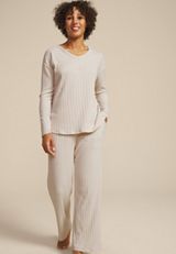Heathered Cozy Wide Ribbed Long Sleeve Tee And Wide Leg Pajama Set, C2445, small
