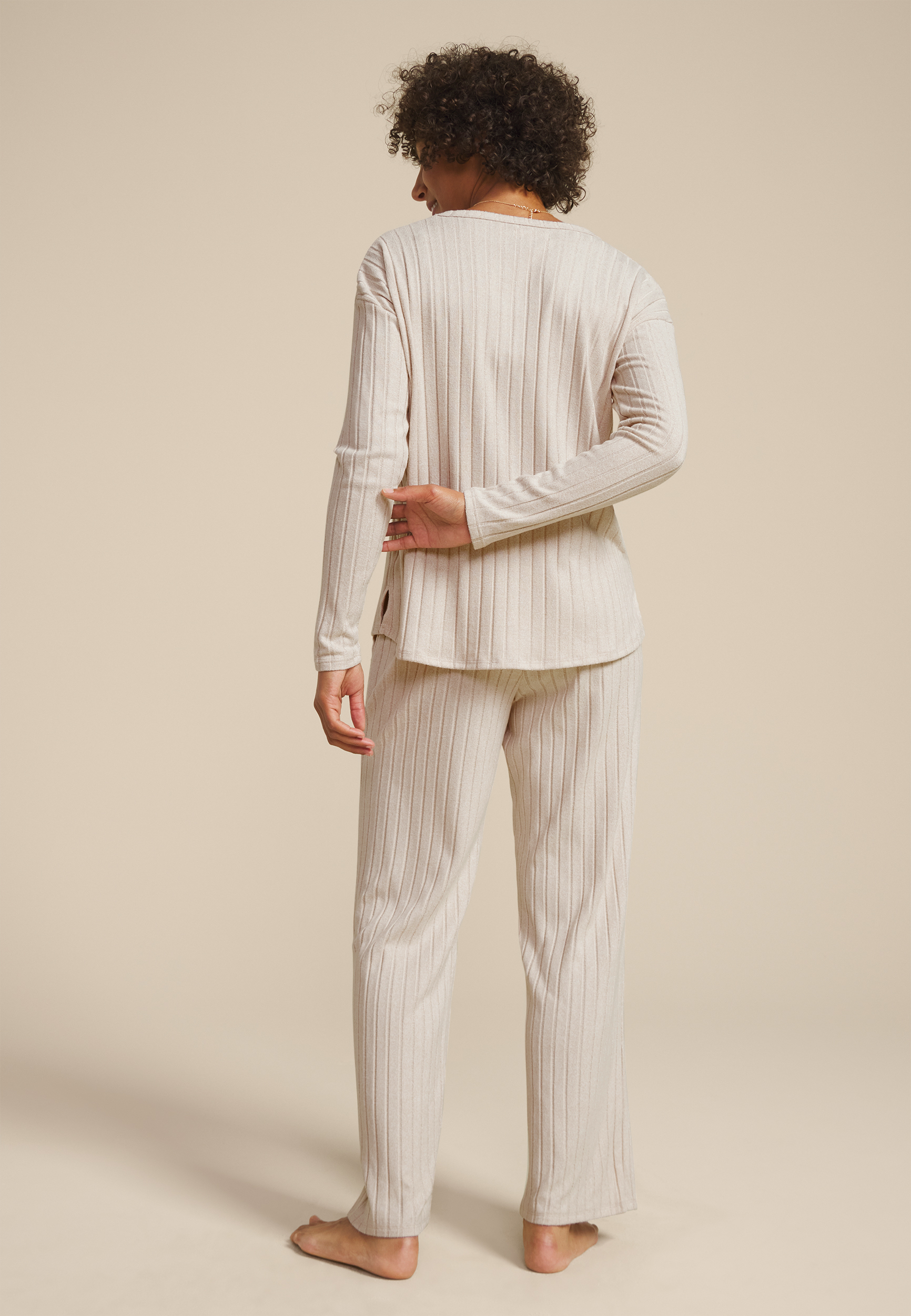 Heathered Cozy Wide Ribbed Long Sleeve Tee And Wide Leg Pajama Set, C2445, large