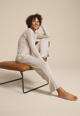 Heathered Cozy Wide Ribbed Long Sleeve Tee And Wide Leg Pajama Set, C2445, small