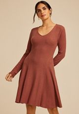 24/7 Textured Knit V Neck Skater Dress, SABLE, small