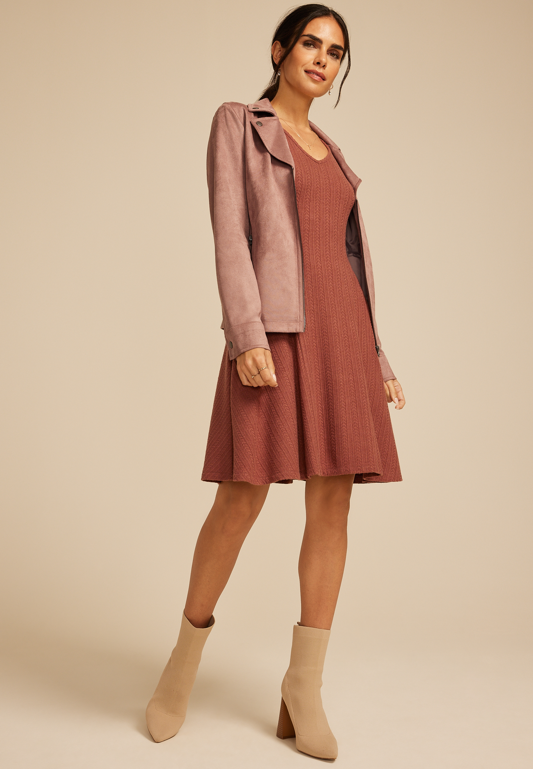 24/7 Textured Knit V Neck Skater Dress, SABLE, large