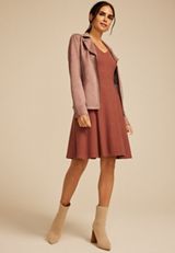 24/7 Textured Knit V Neck Skater Dress, SABLE, small