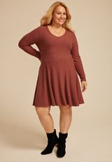 Plus Size 24/7 Textured Knit V Neck Skater Dress, C8065, small