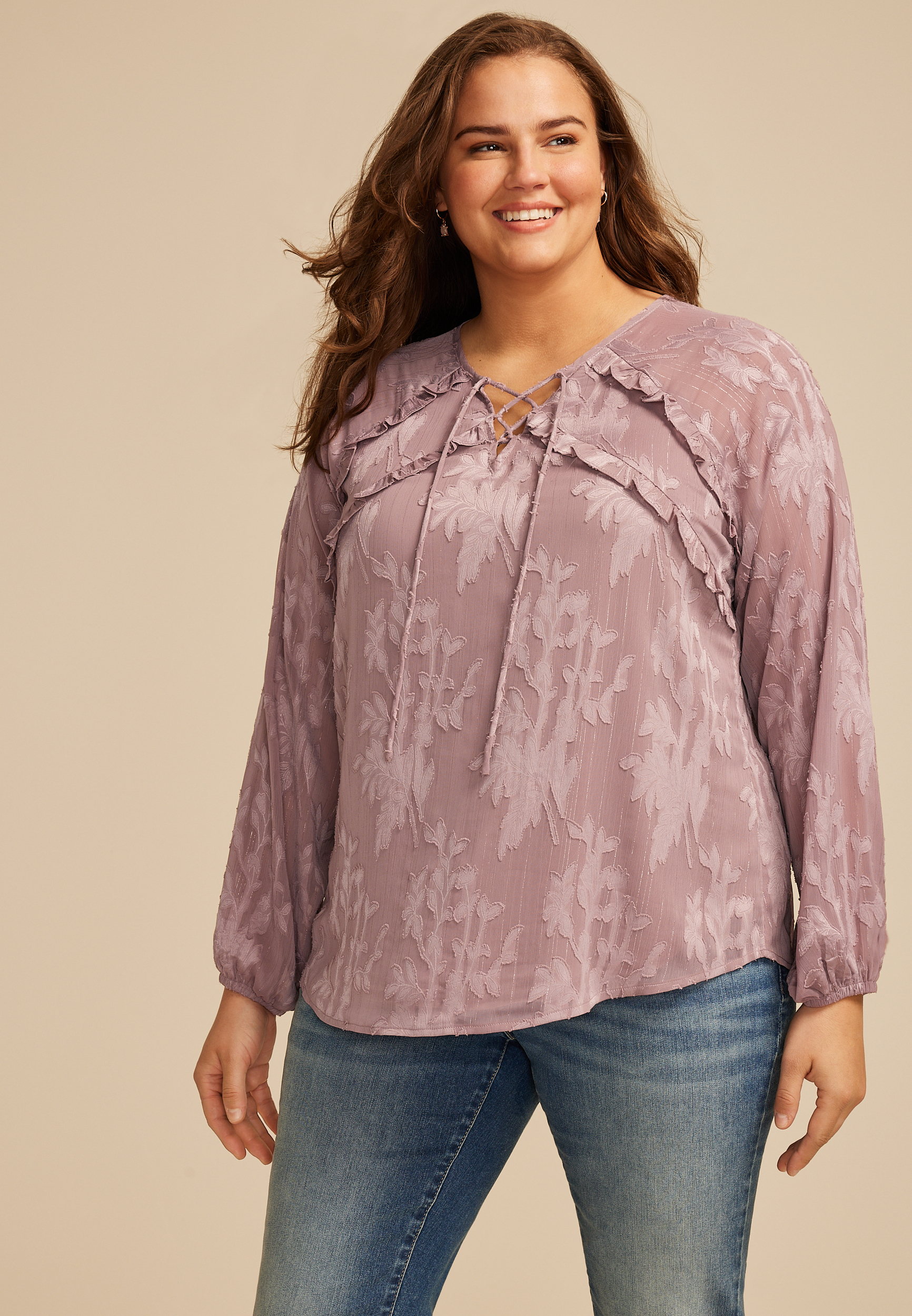 Plus Size Jacquard Floral Lace Up Peasant Blouse