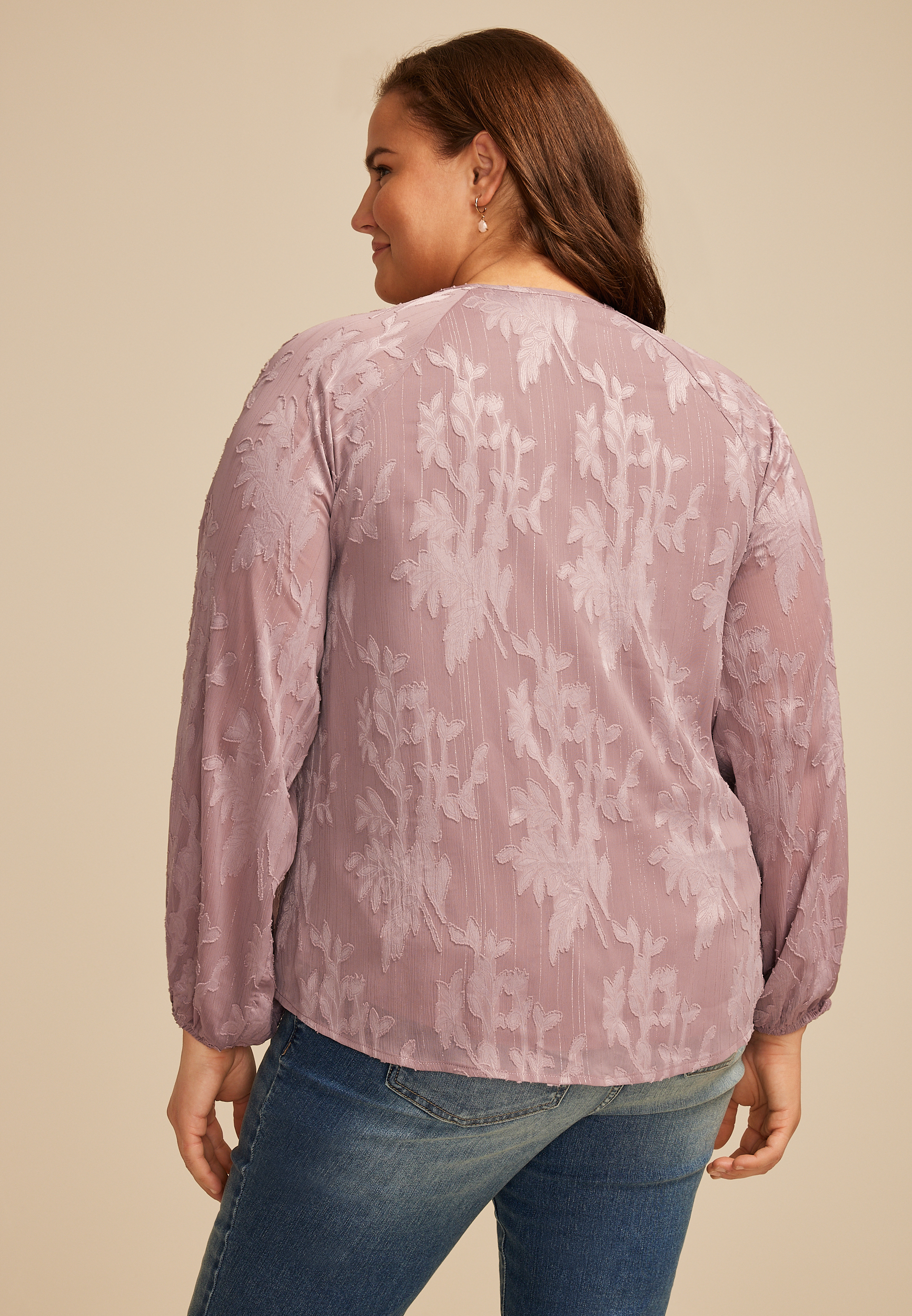 Plus Size Jacquard Floral Lace Up Peasant Blouse, TWILIGHT MAUVE, large