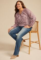 Plus Size Jacquard Floral Lace Up Peasant Blouse, TWILIGHT MAUVE, small