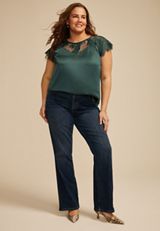 Plus Size Mixed Fabric Lace Short Sleeve Blouse, C974, small