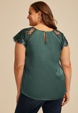 Plus Size Mixed Fabric Lace Short Sleeve Blouse, C974, small