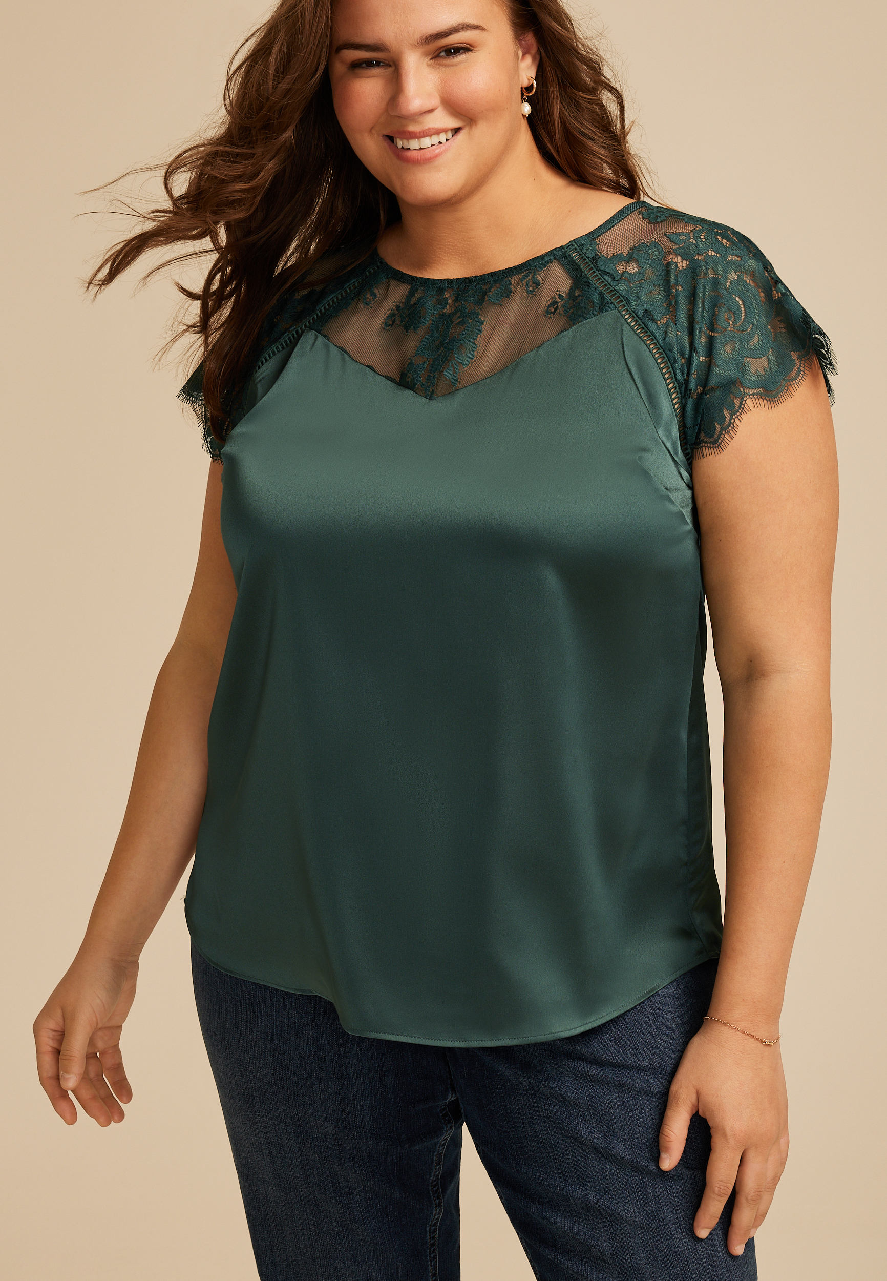 Plus Size Mixed Fabric Lace Short Sleeve Blouse, C974, large