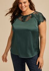 Plus Size Mixed Fabric Lace Short Sleeve Blouse, C974, small