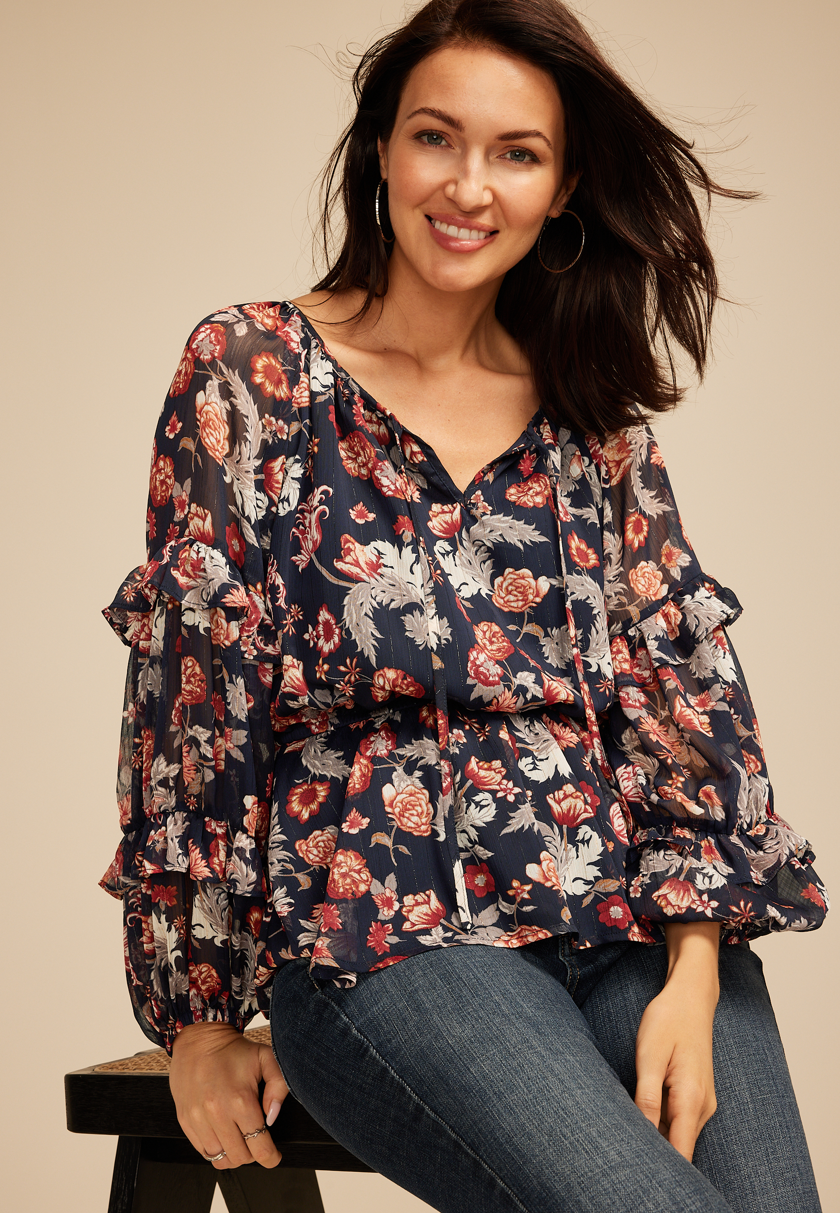 Sheer Floral Tiered Sleeve Blouse 