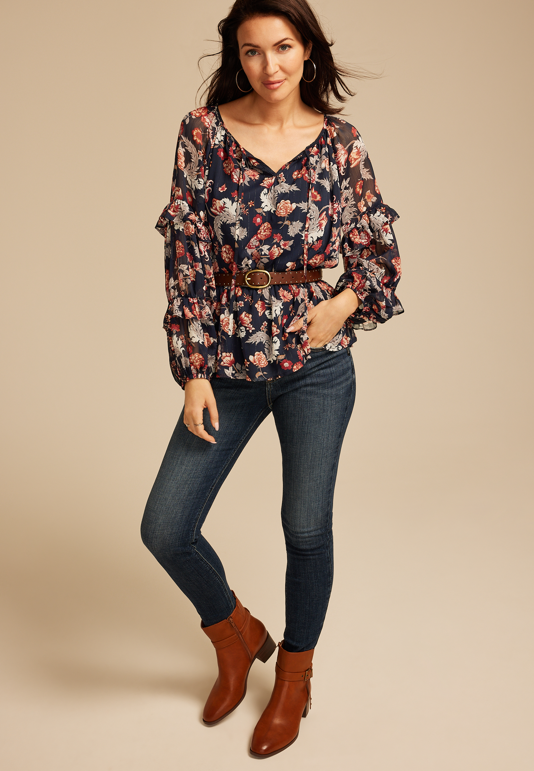 Sheer Floral Tiered Sleeve Blouse 