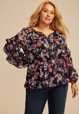 Plus Size Sheer Floral Tiered Sleeve Blouse, C1943, small
