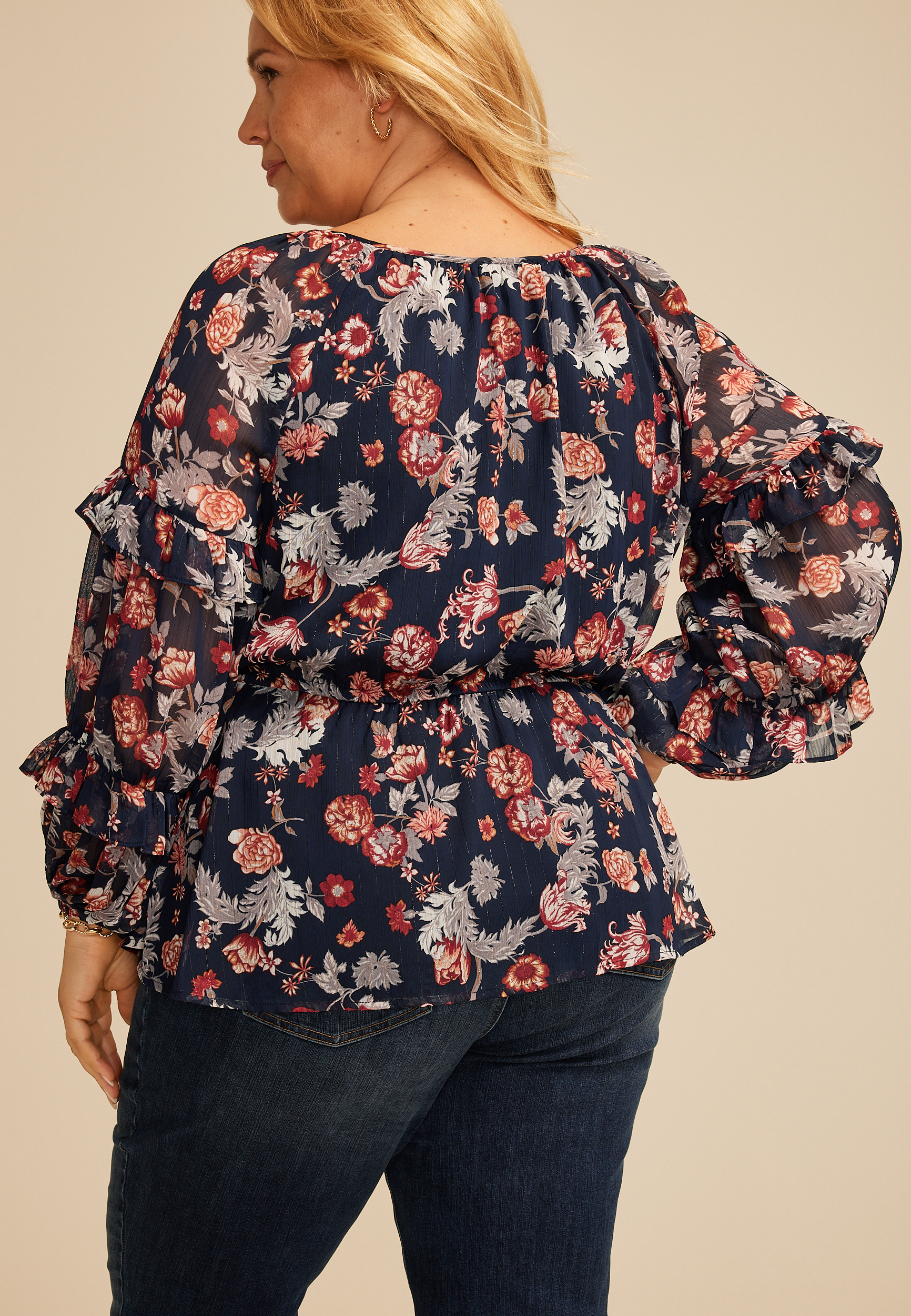 Plus Size Sheer Floral Tiered Sleeve Blouse, C1943, large