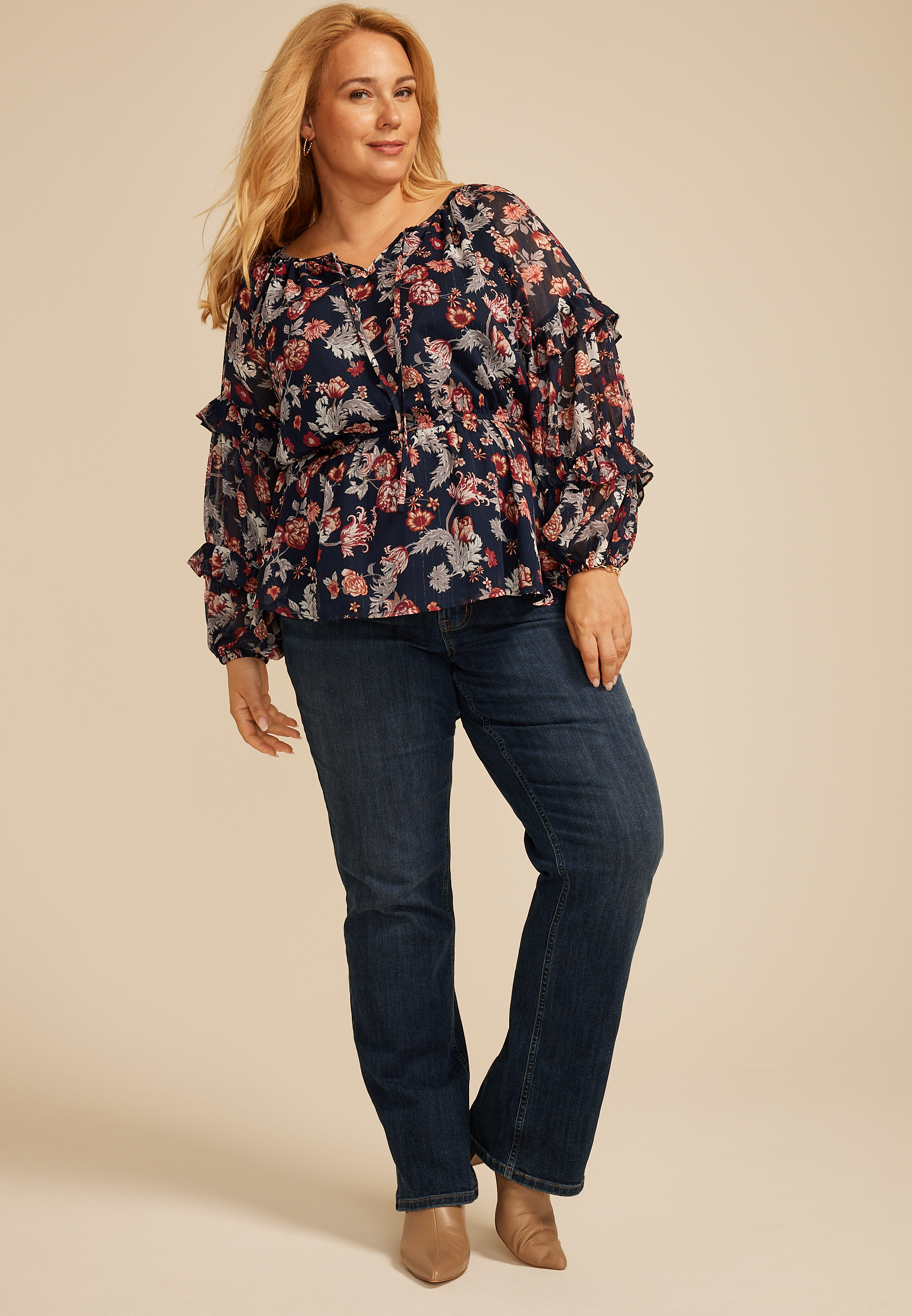 Plus Size Sheer Floral Tiered Sleeve Blouse, C1943, large