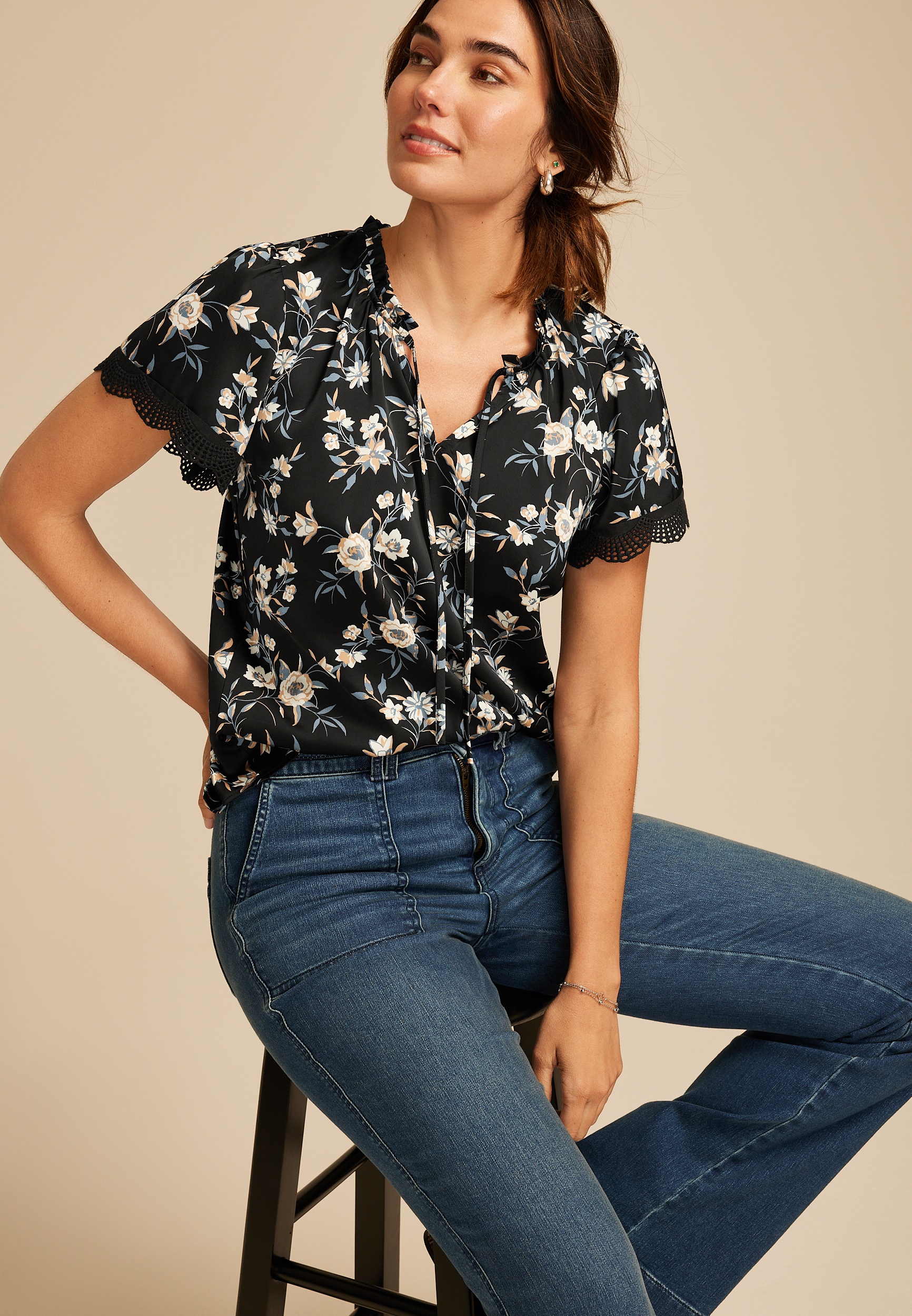 Black Floral Satin Blouse