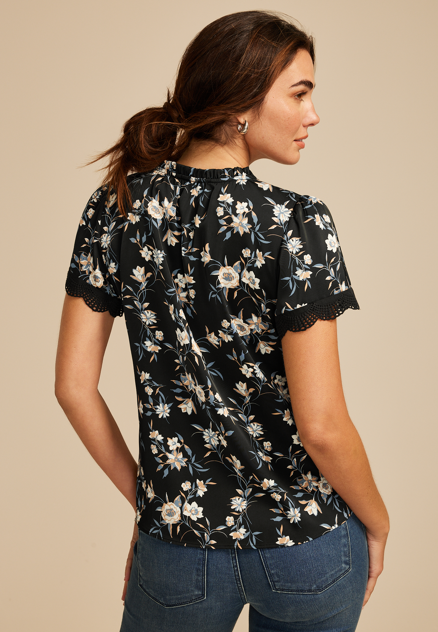 Black Floral Satin Blouse, BLACK COMBO, large