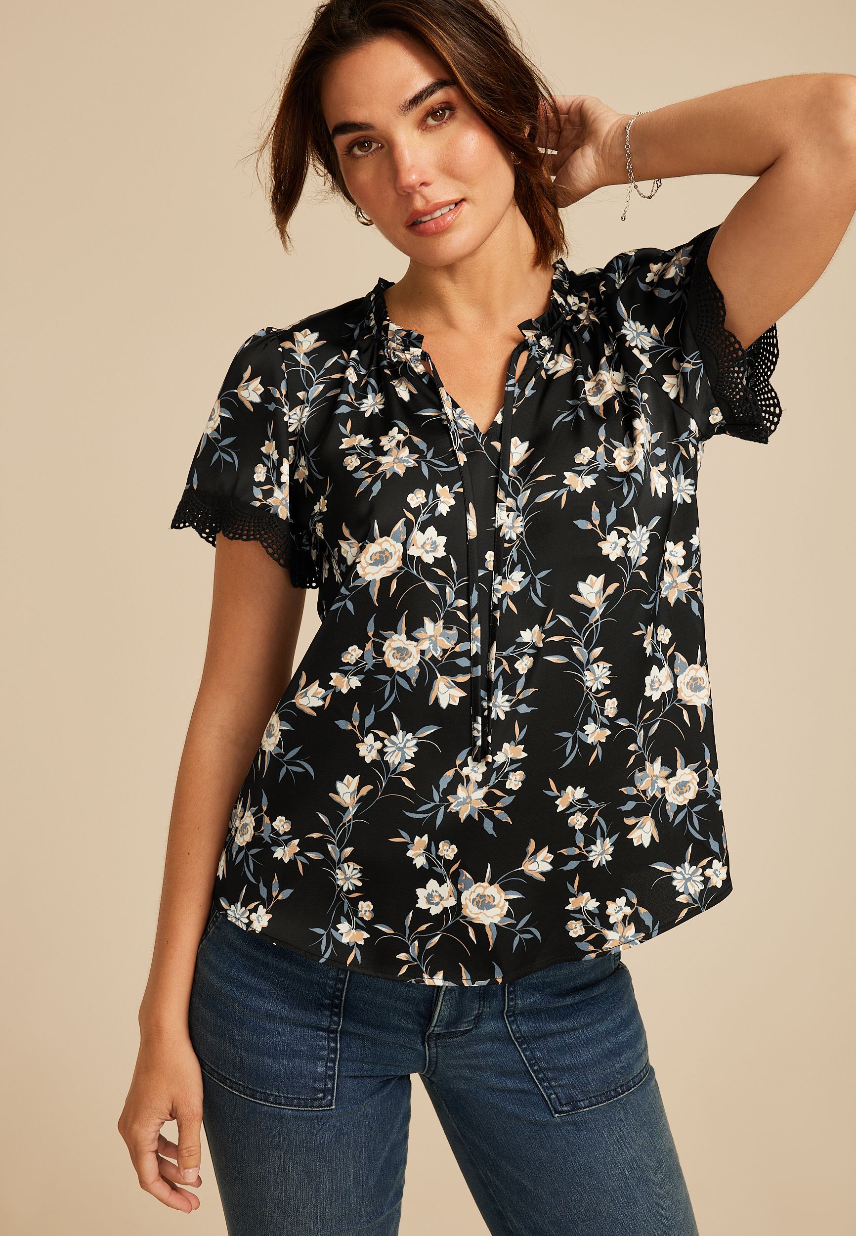 Black Floral Satin Blouse, BLACK COMBO, large