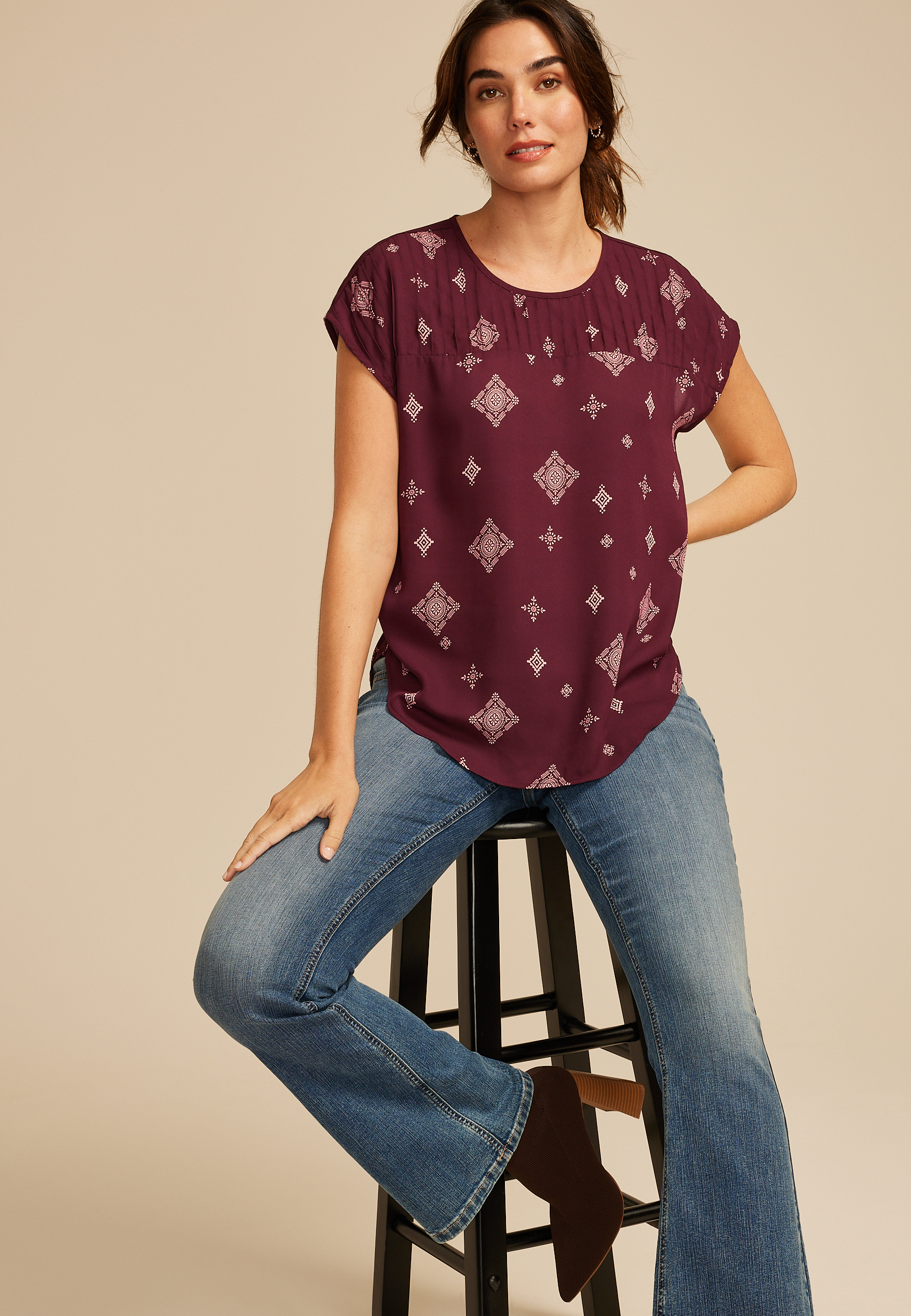 Delton Geo Print Pleated Blouse, BURGUNDY COMBO, large