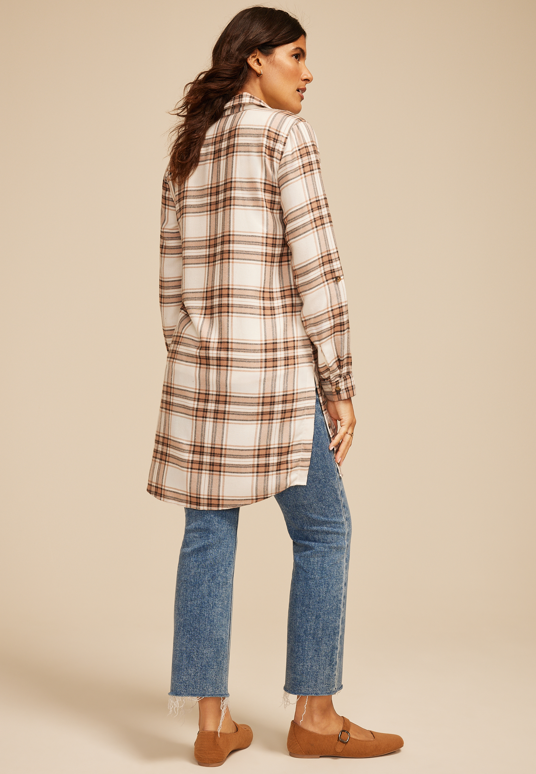 Plaid Button Down Duster Shirt, C5330, large