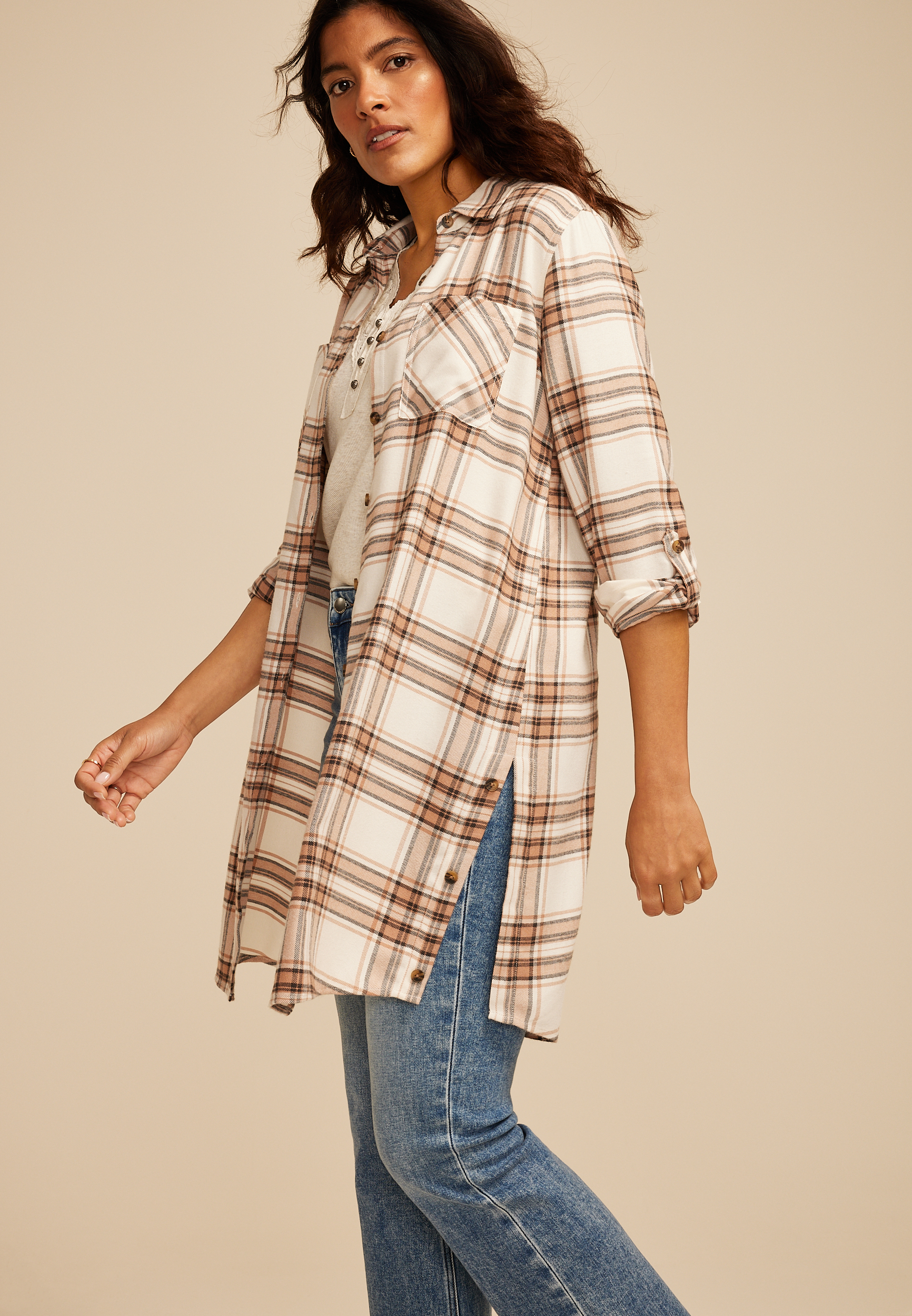 Plaid Button Down Duster Shirt, C5330, large